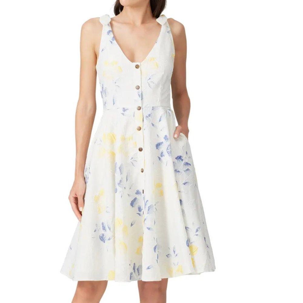 Hutch White Floral Midi Dress with Blue and Yellow Accents